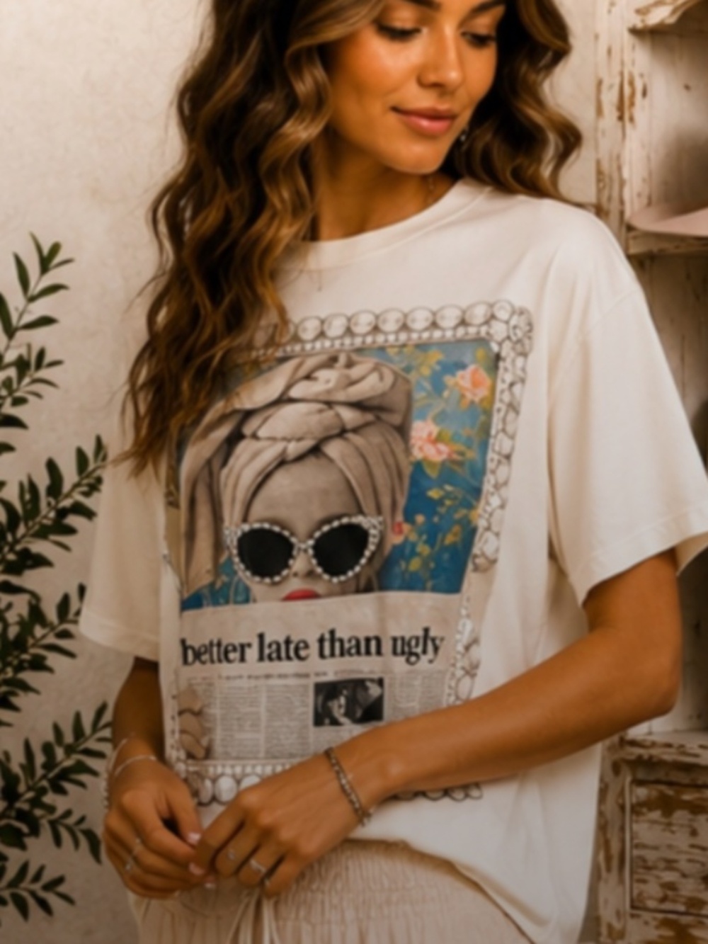 Boho Giajean “Better Late Than Ugly“ Boho Graphic Tee Rhinestone Detail 68 View 4
